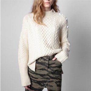 Zadig & Voltaire Malta Button Cashmere Blend Sweater Top Pullover Ecru Sz M